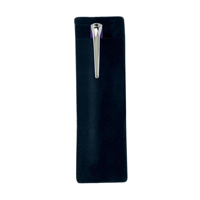 A black velour sleeve with a silver pen partially visible inside, featuring a logo on the exterior.