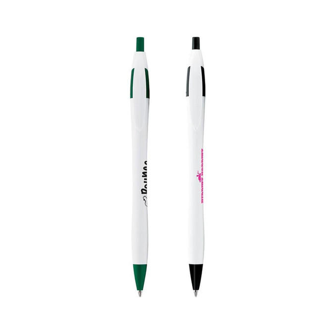 A curved pen with white body, green and black accents, featuring a logo on one side.