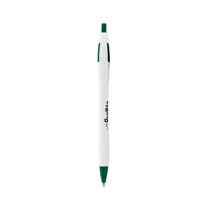 A curved pen in white with green accents, featuring a logo on its body.