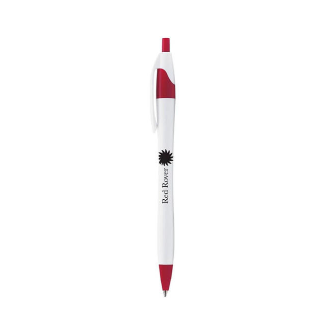 A curved pen featuring a white body with red accents and a logo printed on it.