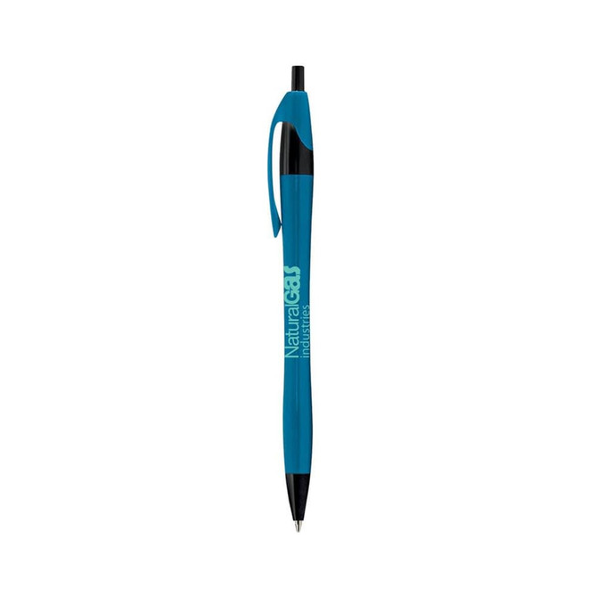 A metallic curved pen in vibrant blue with a black tip, featuring a logo on its body.