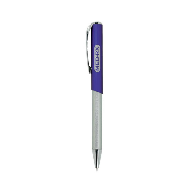 A slim metallic pen with a purple grip and silver barrel, featuring a clip and branding.