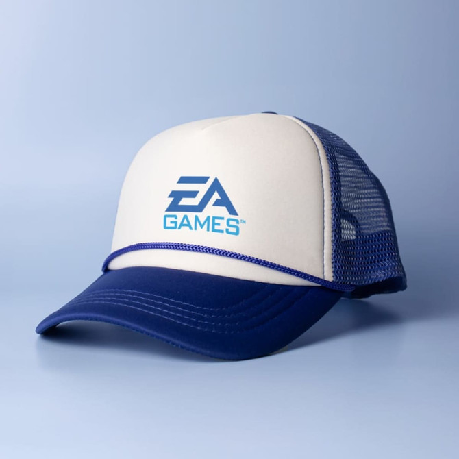 A white and navy cap with a structured front and mesh back, featuring a logo on the front.
