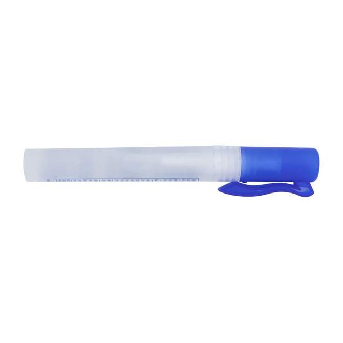 A 10ml sanitiser spray in a transparent container with a blue cap and clip. Features a logo on the front.