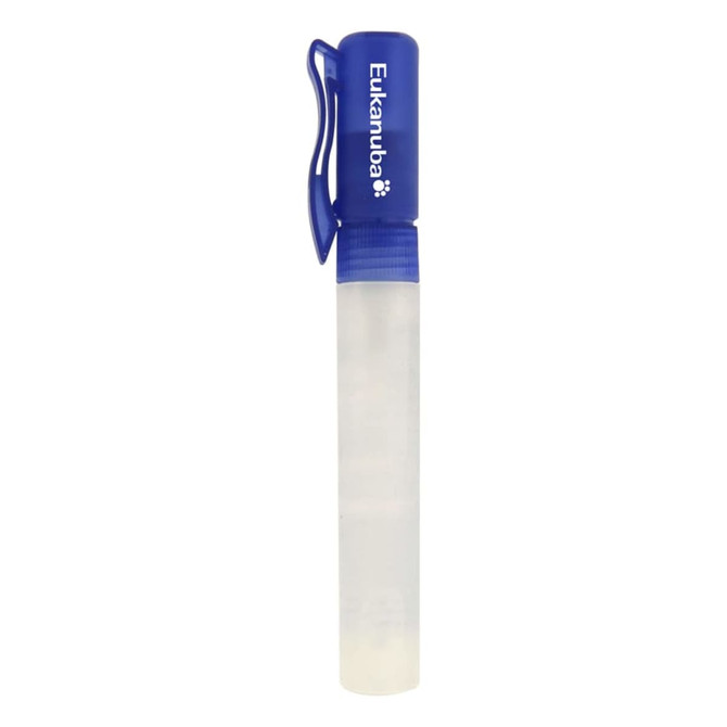 A clear 10ml sanitiser spray bottle with a blue cap and clip, featuring a logo.