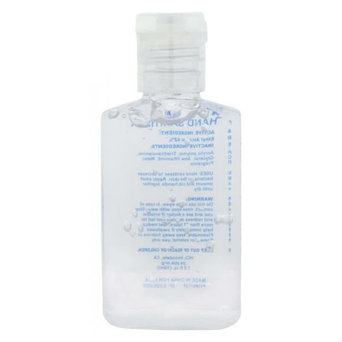 A clear bottle of hand sanitiser gel containing 75% ethyl-alcohol, featuring a flip-top lid. The bottle has a label with details.