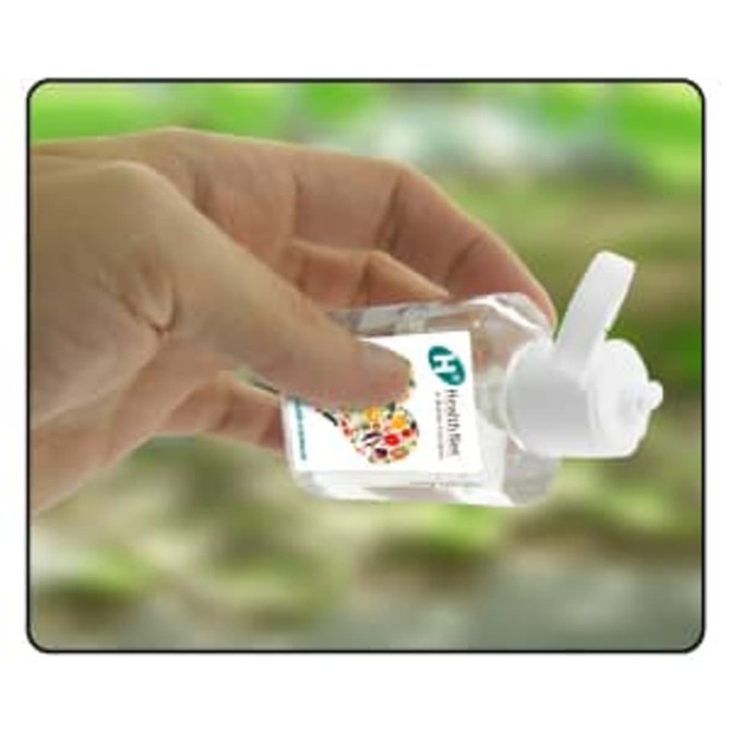 A clear 60ml hand sanitiser gel bottle with a white lid and a logo. The gel contains 75% ethyl-alcohol.
