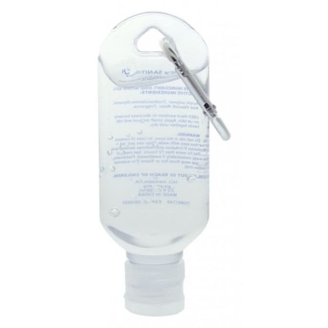 A clear 60mL hand sanitiser bottle with a carabiner. It has a screw-top lid and a simple design.
