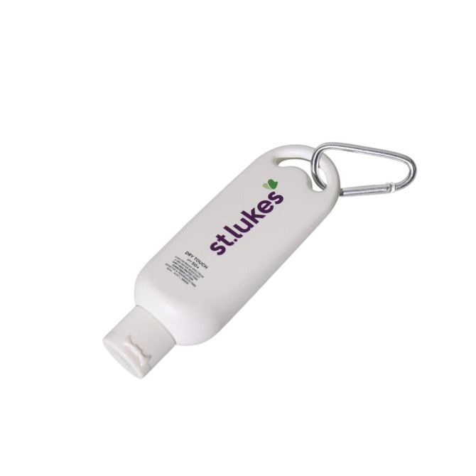 A white 50mL sunscreen bottle with a carabiner attached, featuring a logo on the front.