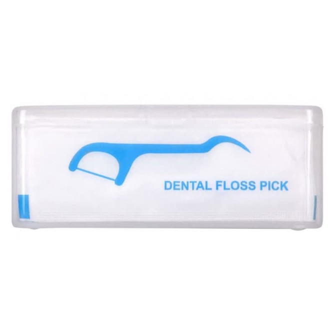 A clear container with a blue dental floss pick design, containing 25 dental floss picks.