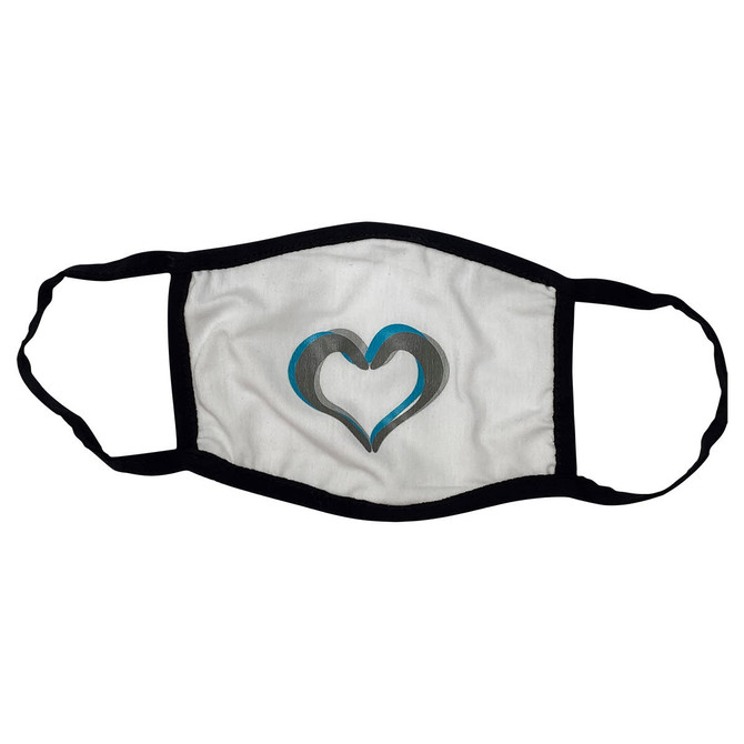 A cotton face mask featuring a black border and a heart design in shades of grey and blue.