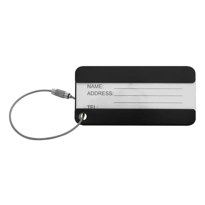 A black and transparent luggage tag with a stainless steel cable. It features blank fields for name, address, and telephone.