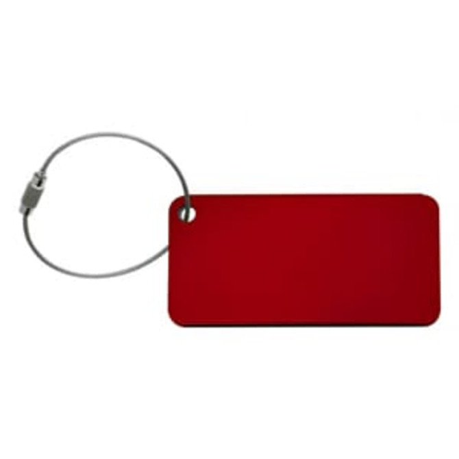 A red luggage tag with a metal loop for attachment, featuring a smooth surface and rectangular shape.