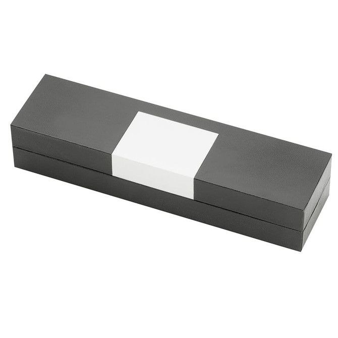 A sleek black pen box with a white rectangular accent. Features a logo on the surface.