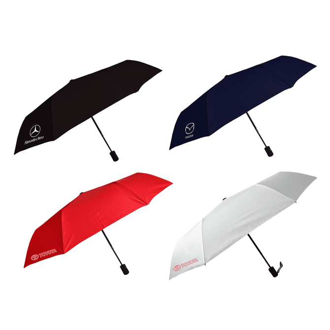 Four umbrellas in black, navy, red, and white, each with a logo on the canopy.