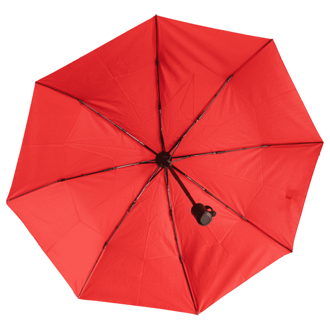 A red umbrella with a rounded handle and a sturdy frame, featuring an internal structure. It includes a logo.