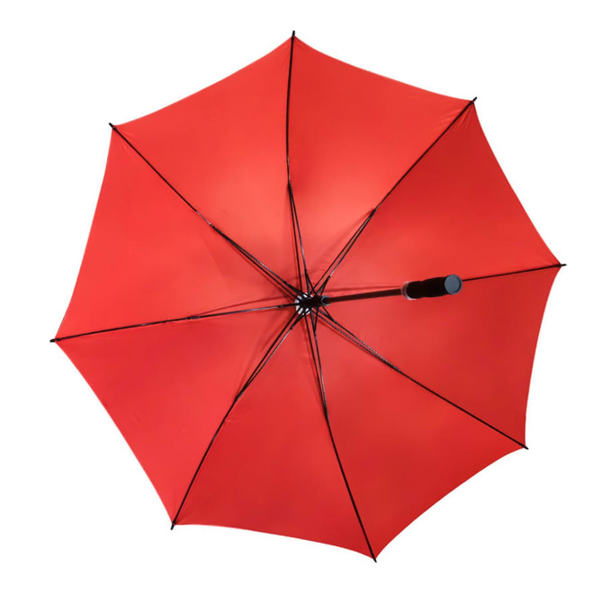 A red umbrella with a black handle, featuring a logo on the canopy.