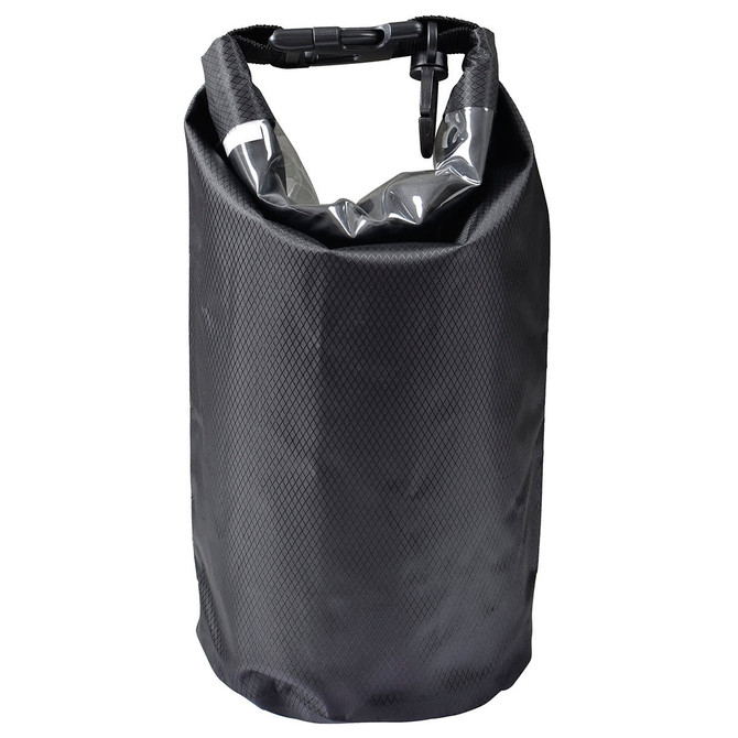 A black 2.5L dry bag with a roll-top closure and a carrying handle. It features a textured surface and a logo.