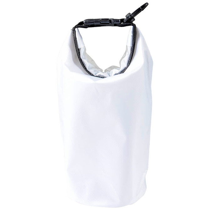 A white 2.5L dry bag with a black closure mechanism and a logo at the top.