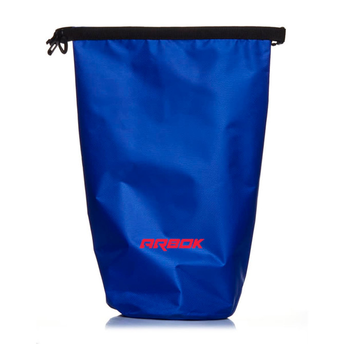 A blue dry bag with a black closure and a logo at the bottom.