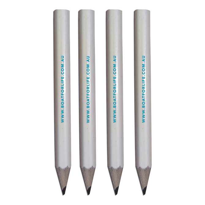 Four grey-lead pencils with white shafts and branding on the side.