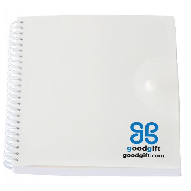 A white spiral notepad with a transparent cover and a logo on the lower right corner.