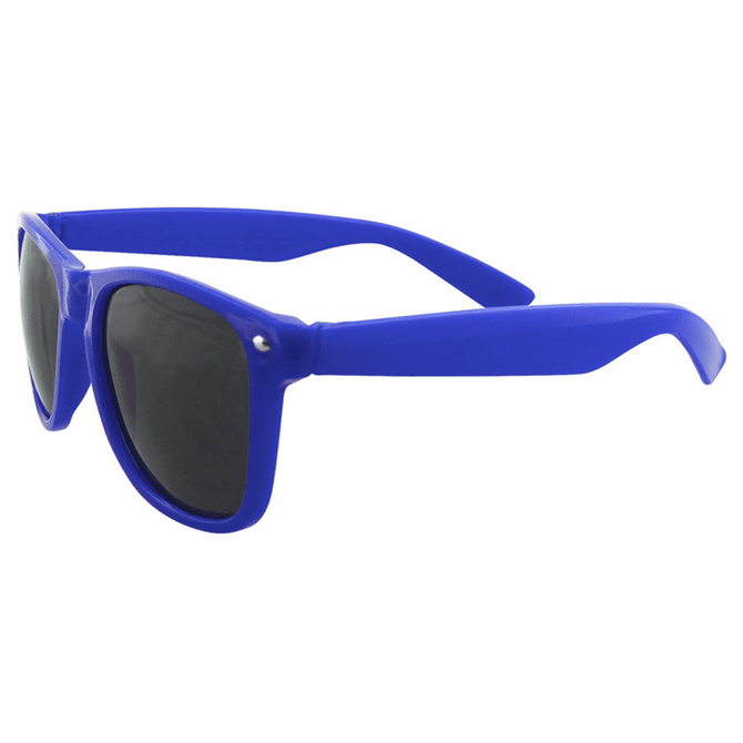 Blue sunglasses with dark lenses and a sleek design, featuring a logo on the side of the frame.