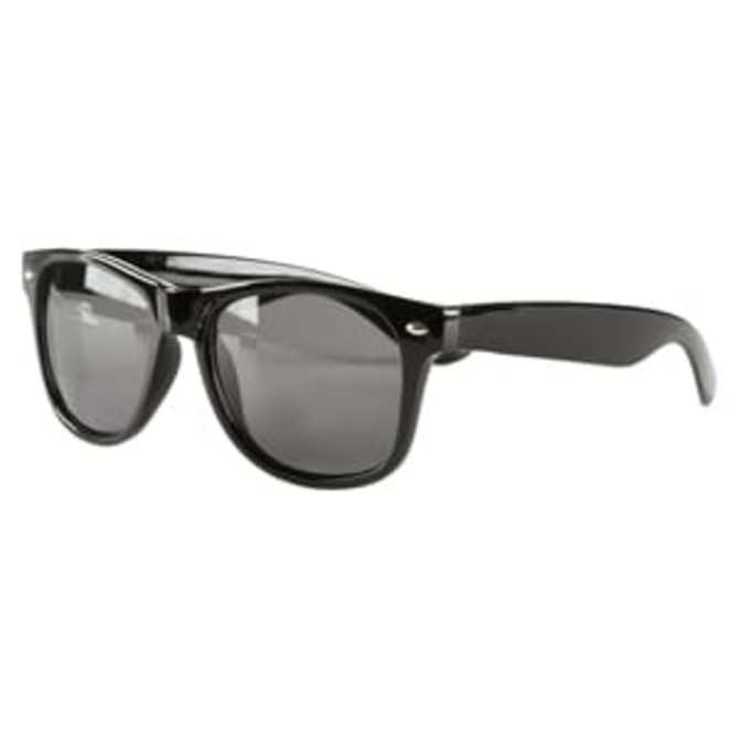 Black sunglasses with grey lenses, featuring a logo on the side, perfect for leisure and outdoor activities.