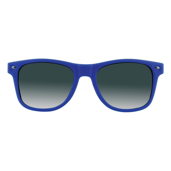Blue sunglasses with gradient lenses and a simple design, featuring a logo on the side.