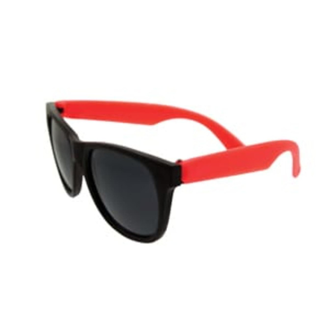 Retro sunglasses featuring black frames and red arms, accompanied by a logo. Ideal for leisure and outdoor activities.