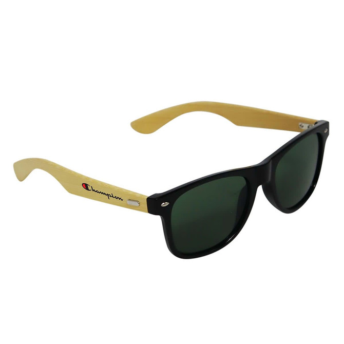Sunglasses featuring a black frame and bamboo-coloured arms, with a logo on the side.