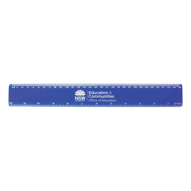 A 30cm blue plastic ruler with measurements marked along its length and a logo on one side.