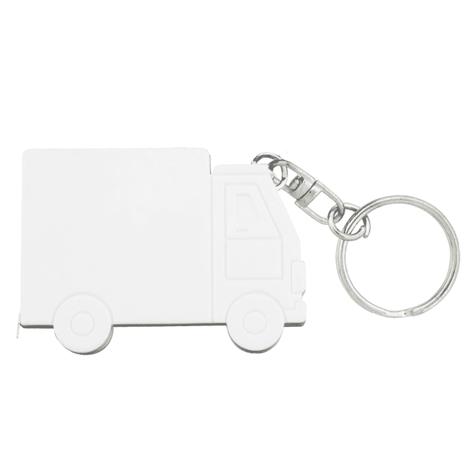 A white keychain shaped like a truck with a silver keyring attachment.