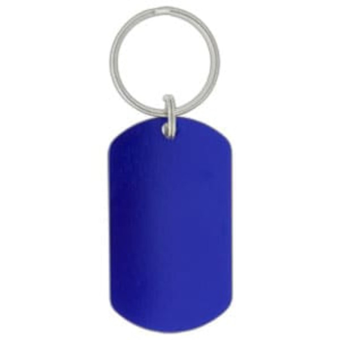 A blue dog tag keychain with a silver ring. The tag has a smooth, matte finish.