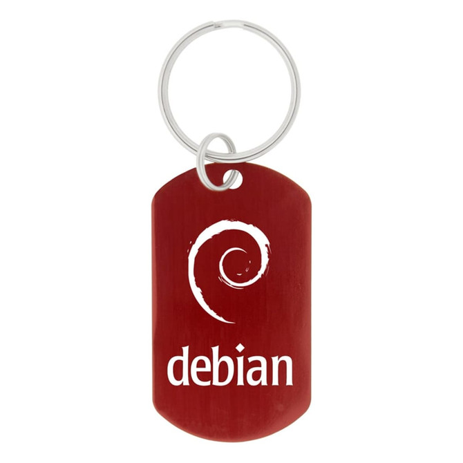 A red dog tag keychain featuring a spiral design and a logo. It has a silver keyring attached.