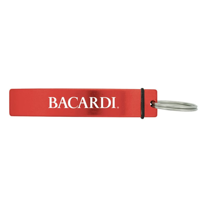 A drink bottle opener in red metal with a silver keyring and a logo printed on it.