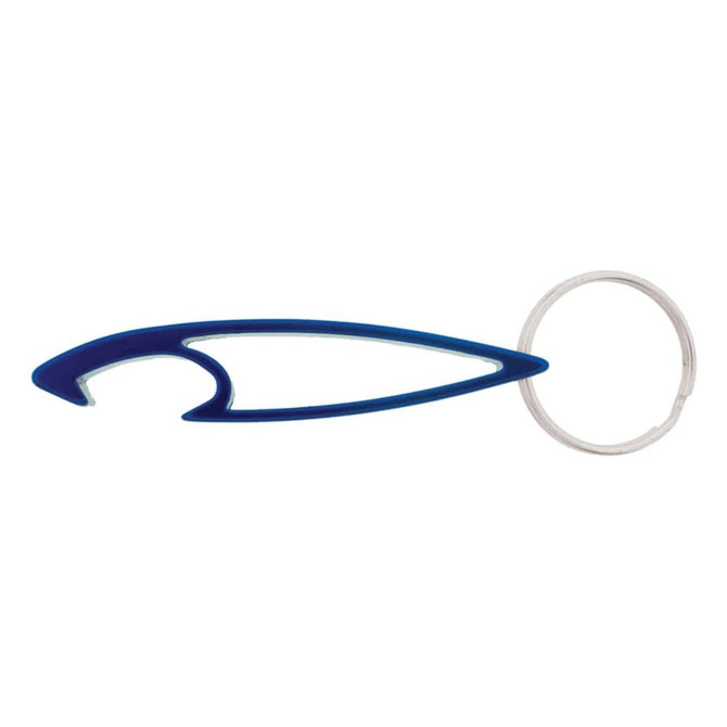 A drink bottle opener in blue, featuring a sleek design with a metal keyring attached.