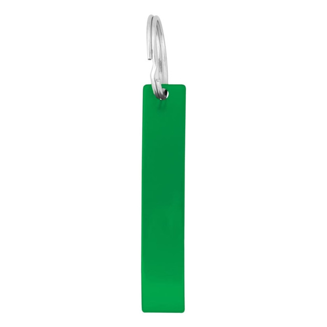 A drink bottle opener in bright green with a silver hook for attachment. Features branding on the surface.