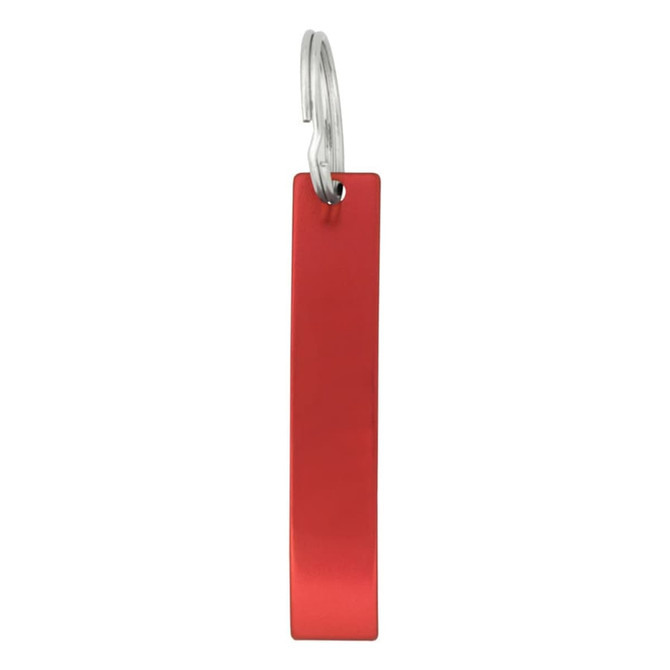 A drink bottle opener in a sleek red finish with a metal loop for easy attachment.