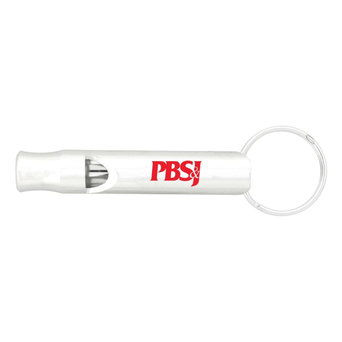 A white aluminium whistle keychain featuring a keyring and a logo.