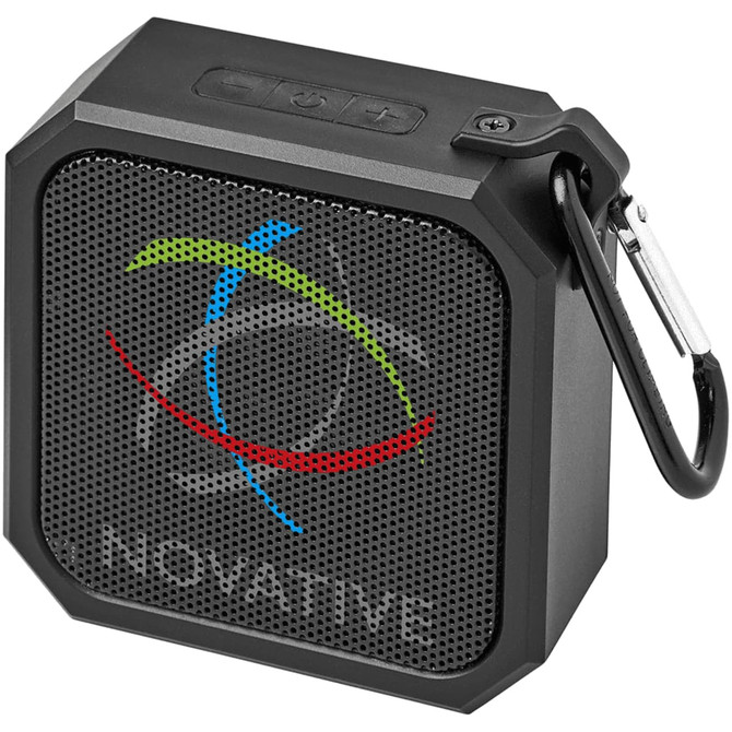 A black, portable Bluetooth speaker with a carabiner clip and a colourful logo design on the front.