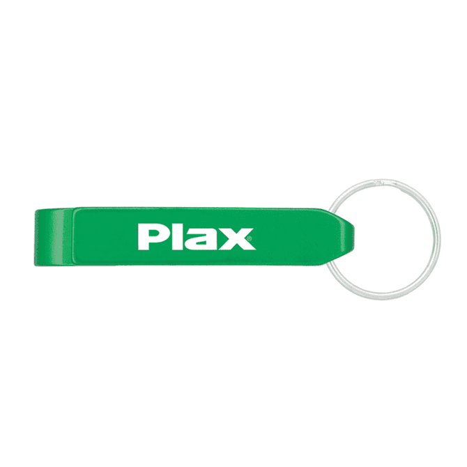 A drink bottle opener in green with a keyring attachment and a logo.