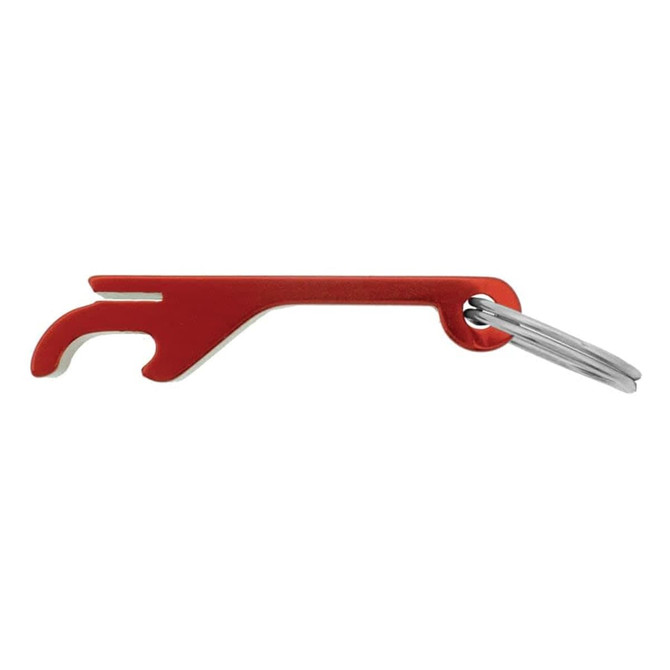 A drink bottle opener in red with a keyring attachment, featuring a unique design for ease of use.