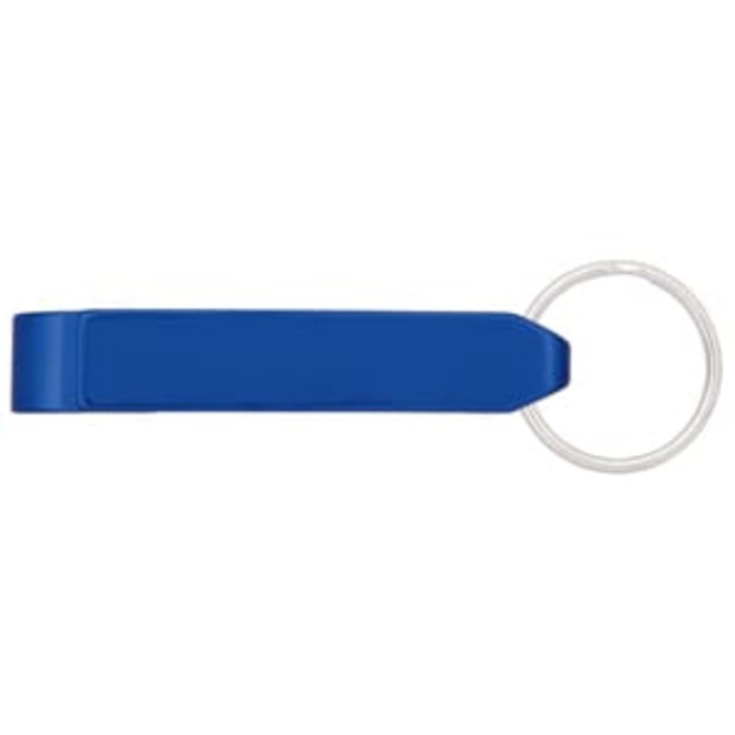 A drink bottle opener in blue, featuring a keyring attachment and a simple design.