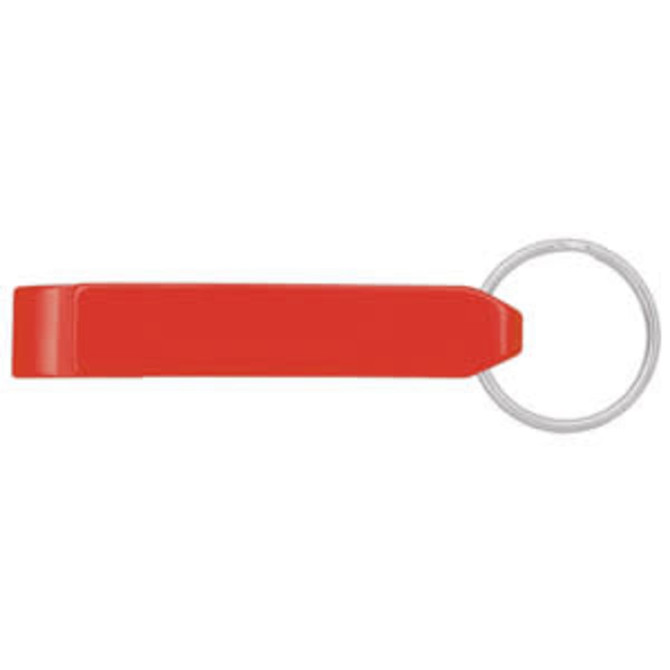 A drink bottle opener in vibrant red with a circular keyring attachment and a simple design.