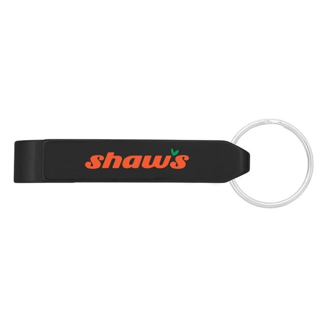 A drink bottle opener in black with a circular keyring attachment and a logo.