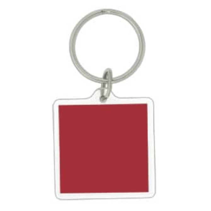 A square acrylic keychain in red, attached to a silver keyring. It features a plain surface with a logo.