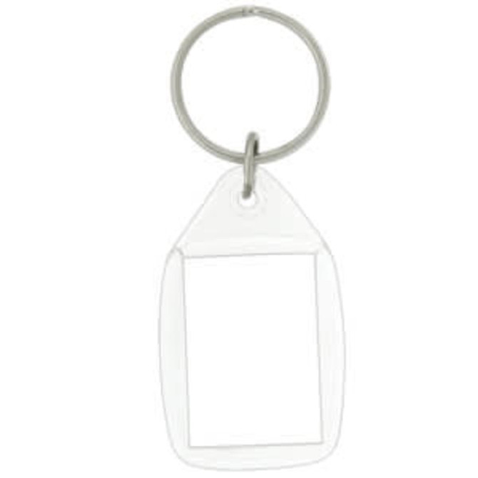 A clear tear drop acrylic keychain with a silver keyring, featuring an empty rectangular space.