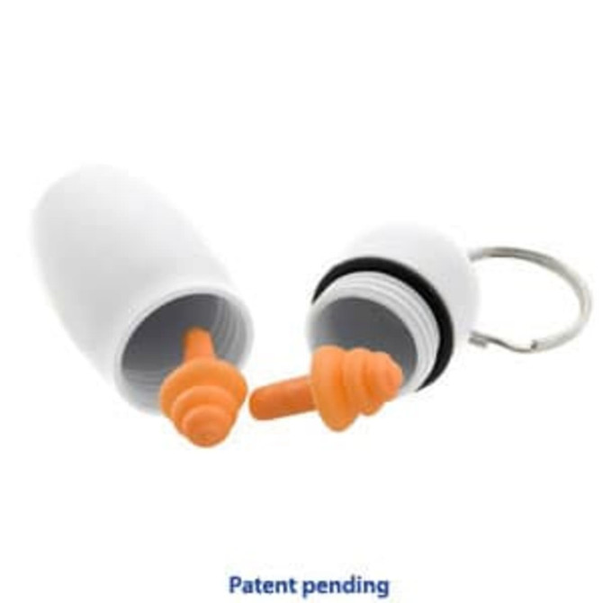 A white keychain case with an orange earplug inside, featuring a metal keyring attachment.