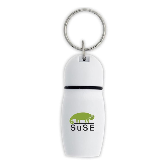 A white hotel keychain featuring a green chameleon logo and a silver keyring.
